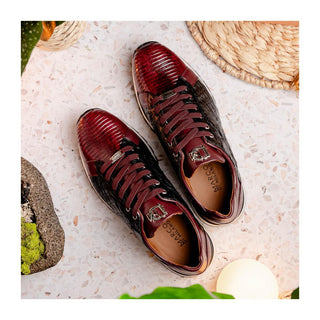 Marco Di Milano Portici Men's Shoes Wine & Black Exotic Lizard / Crocodile Casual Sneakers (MDM1016)