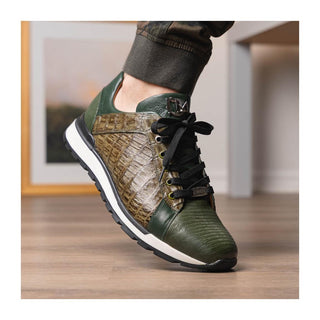 Marco Di Milano Portici Men's Shoes Green & Olive Exotic Lizard / Crocodile Casual Sneakers (MDM1016)