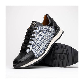 Marco Di Milano Portici Men's Shoes Newspaper & Black Exotic Lizard / Crocodile Casual Sneakers (MDM1016)