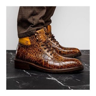 Marco Di Milano Potenza Men's Shoes Mustard & Brown Exotic Crocodile / Leather Lace Up Boots (MDM1202)