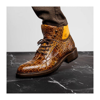 Marco Di Milano Potenza Men's Shoes Mustard & Brown Exotic Crocodile / Leather Lace Up Boots (MDM1202)