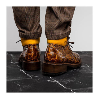 Marco Di Milano Potenza Men's Shoes Mustard & Brown Exotic Crocodile / Leather Lace Up Boots (MDM1202)