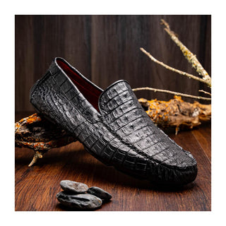 Marco Di Milano Remo Men's Shoes Black Exotic Crocodile Moccasin Driver Loafers (MDM1188)