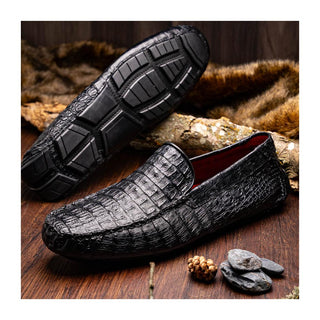 Marco Di Milano Remo Men's Shoes Black Exotic Crocodile Moccasin Driver Loafers (MDM1188)