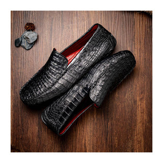 Marco Di Milano Remo Men's Shoes Black Exotic Crocodile Moccasin Driver Loafers (MDM1188)