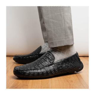 Marco Di Milano Remo Men's Shoes Black Exotic Crocodile Moccasin Driver Loafers (MDM1188)