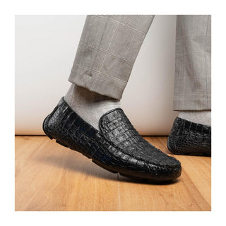 Marco Di Milano Remo Men's Shoes Black Exotic Crocodile Moccasin Driver Loafers (MDM1188)
