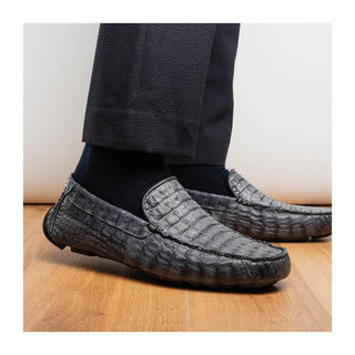 Marco Di Milano Remo Men's Shoes Gray Exotic Crocodile Moccasin Driver Loafers (MDM1188)