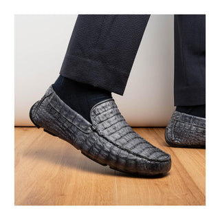 Marco Di Milano Remo Men's Shoes Gray Exotic Crocodile Moccasin Driver Loafers (MDM1188)