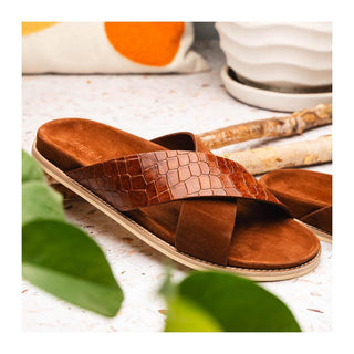 Zelli Italia Rena Men’s Shoes Cognac Crocodile Print / Goat-Skin Leather Sandal (ZEL1013)