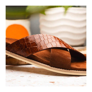 Zelli Italia Rena Men’s Shoes Cognac Crocodile Print / Goat-Skin Leather Sandal (ZEL1013)