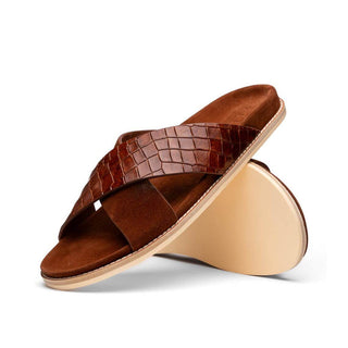 Zelli Italia Rena Men’s Shoes Cognac Crocodile Print / Goat-Skin Leather Sandal (ZEL1013)