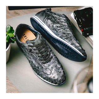 Zelli Italia Rio Men's Shoes Black Denim Ostrich Skin Sneaker (ZEL1054)