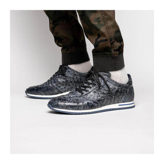 Zelli Italia Rio Men's Shoes Black Denim Ostrich Skin Sneaker (ZEL1054)
