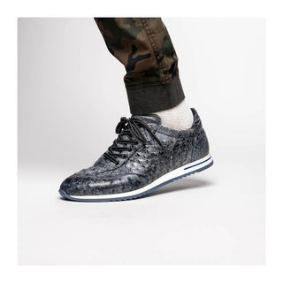 Zelli Italia Rio Men's Shoes Black Denim Ostrich Skin Sneaker (ZEL1054)