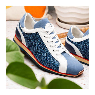 Zelli Italia Ripi Men's Shoes Blue & White Woven Calf-Skin Leather Sneaker (ZEL1056)
