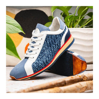 Zelli Italia Ripi Men's Shoes Blue & White Woven Calf-Skin Leather Sneaker (ZEL1056)