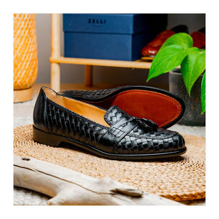 Zelli Italia Riviera Men's Shoes Black Woven Calf-Skin Leather Tassel Loafer (ZEL1020)