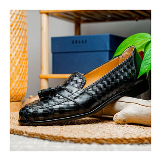 Zelli Italia Riviera Men's Shoes Black Woven Calf-Skin Leather Tassel Loafer (ZEL1020)