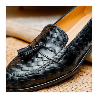 Zelli Italia Riviera Men's Shoes Black Woven Calf-Skin Leather Tassel Loafer (ZEL1020)