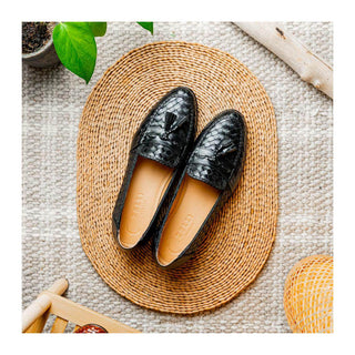 Zelli Italia Riviera Men's Shoes Black Woven Calf-Skin Leather Tassel Loafer (ZEL1020)