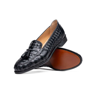 Zelli Italia Riviera Men's Shoes Black Woven Calf-Skin Leather Tassel Loafer (ZEL1020)
