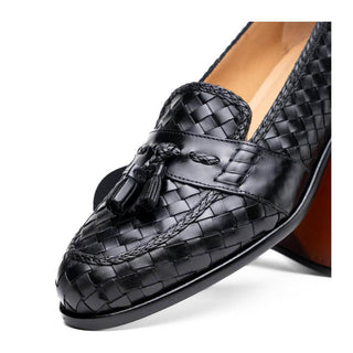 Zelli Italia Riviera Men's Shoes Black Woven Calf-Skin Leather Tassel Loafer (ZEL1020)