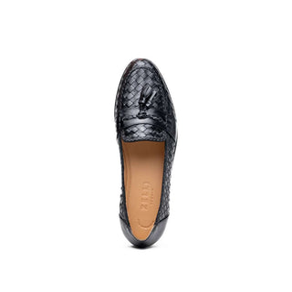 Zelli Italia Riviera Men's Shoes Black Woven Calf-Skin Leather Tassel Loafer (ZEL1020)