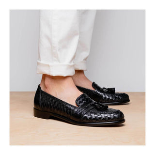 Zelli Italia Riviera Men's Shoes Black Woven Calf-Skin Leather Tassel Loafer (ZEL1020)