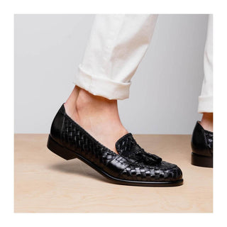 Zelli Italia Riviera Men's Shoes Black Woven Calf-Skin Leather Tassel Loafer (ZEL1020)
