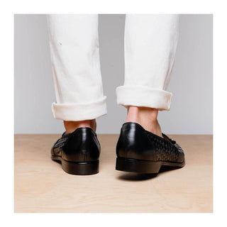 Zelli Italia Riviera Men's Shoes Black Woven Calf-Skin Leather Tassel Loafer (ZEL1020)