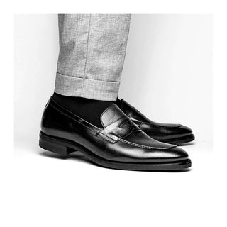 Zelli Italia Roma Men's Shoes Black Burnished Calf-Skin Leather Penny Loafer (ZEL1019)