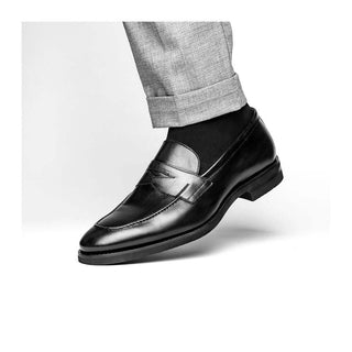 Zelli Italia Roma Men's Shoes Black Burnished Calf-Skin Leather Penny Loafer (ZEL1019)