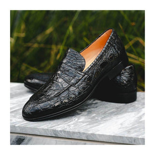 Zelli Italia Roma Men's Shoes Black Crocodile Skin Penny Loafer (ZEL1003)