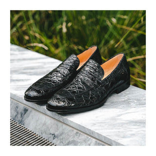 Zelli Italia Roma Men's Shoes Black Crocodile Skin Penny Loafer (ZEL1003)