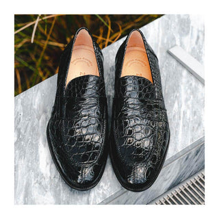 Zelli Italia Roma Men's Shoes Black Crocodile Skin Penny Loafer (ZEL1003)