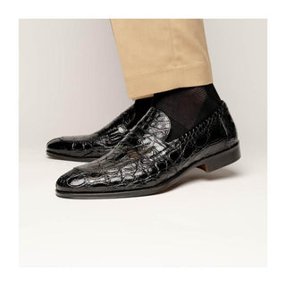 Zelli Italia Roma Men's Shoes Black Crocodile Skin Penny Loafer (ZEL1003)