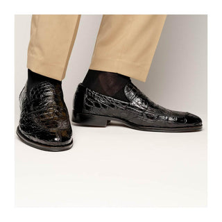 Zelli Italia Roma Men's Shoes Black Crocodile Skin Penny Loafer (ZEL1003)