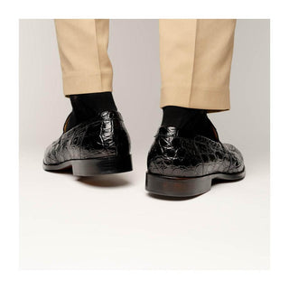Zelli Italia Roma Men's Shoes Black Crocodile Skin Penny Loafer (ZEL1003)