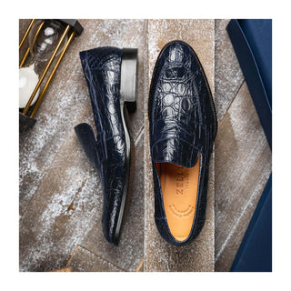 Zelli Italia Roma Men's Shoes Navy Crocodile Skin Penny Loafer (ZEL1003)