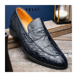 Zelli Italia Roma Men's Shoes Navy Crocodile Skin Penny Loafer (ZEL1003)