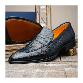 Zelli Italia Roma Men's Shoes Navy Crocodile Skin Penny Loafer (ZEL1003)