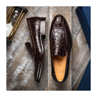 Zelli Italia Roma Men's Shoes Nicotine Crocodile Skin Penny Loafer (ZEL1003)