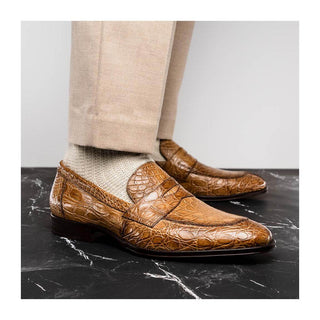 Zelli Italia Roma Men's Shoes Taupe Crocodile Skin Penny Loafer (ZEL1003)