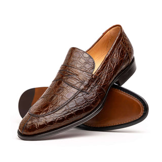 Zelli Italia Roma Men's Shoes Cognac Crocodile Skin Penny Loafer (ZEL1003)