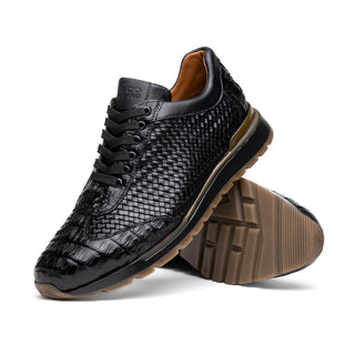 Marco Di Milano Roma Men's Shoes Black Woven Calfskin / Genuine Caiman Crocodile Fashion Sneaker (MDM1106)