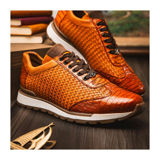 Marco Di Milano Roma Men's Shoes Brandy Woven Calfskin / Genuine Caiman Crocodile Fashion Sneaker (MDM1106)