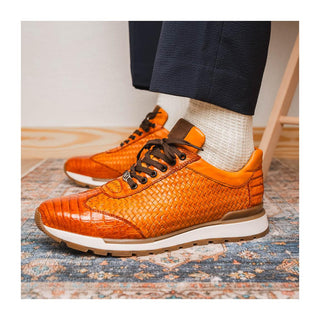 Marco Di Milano Roma Men's Shoes Brandy Woven Calfskin / Genuine Caiman Crocodile Fashion Sneaker (MDM1106)