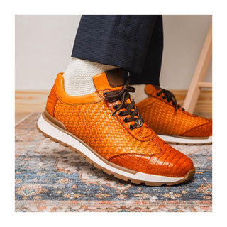 Marco Di Milano Roma Men's Shoes Brandy Woven Calfskin / Genuine Caiman Crocodile Fashion Sneaker (MDM1106)