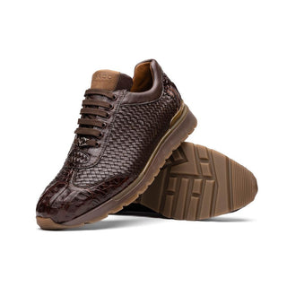 Marco Di Milano Roma Men's Shoes Brown Woven Calfskin / Genuine Caiman Crocodile Fashion Sneaker (MDM1106)
